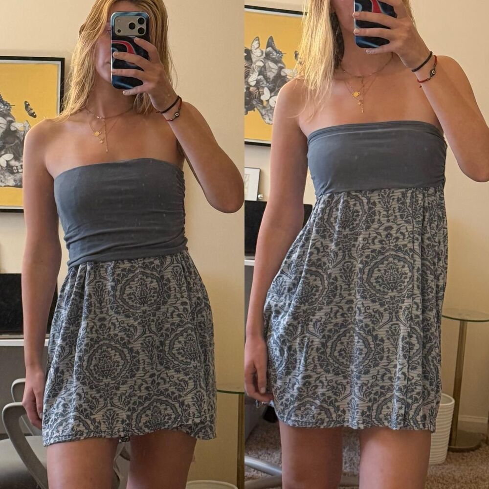 y2k indie Hard Tail grey/blue convertible damask medallion tube top dress/skirt